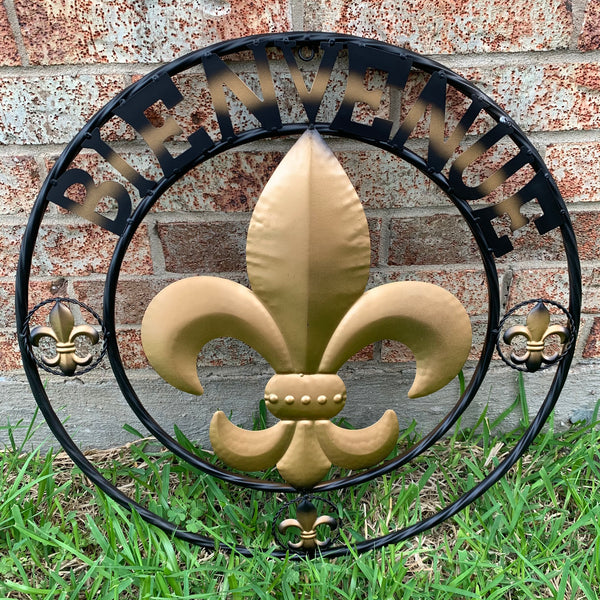 BIENVENUE FLEUR DE LIS METAL WALL ART WESTERN HOME DECOR RUSTIC GOLD & BLACK NEW--FREE SHIPPING