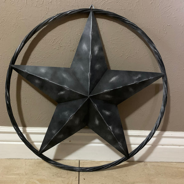 RUSTIC BLACK DISTRESSED TWO TONE BARN LONE STAR ROPE RING METAL WALL ART WESTERN HOME DECOR HANDMADE