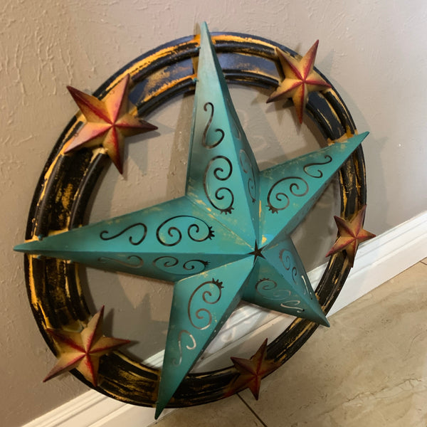 #RT5045 TURQUOISE CARVED CUT STAR 26",36", BARN METAL WESTERN HOME DECOR HANDMADE NEW