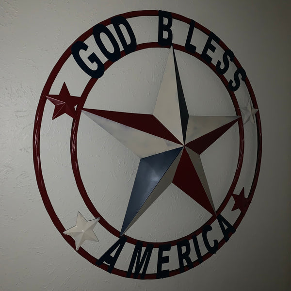 #EH10489 GOD BLESS AMERICA USA FLAG BARN STAR METAL RED WHITE BLUE WESTER HOME DECOR HANDMADE NEW