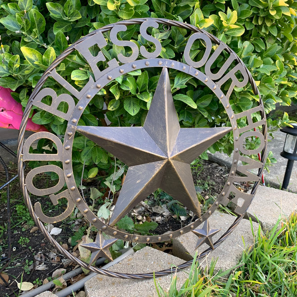 24" GOD BLESS OUR HOME BEADED BARN STAR WITH TWISTED ROPE RING DESIGN METAL WALL ART WESTERN HOME DECOR VINTAGE RUSTIC DARK BRONZE COPPER NEW