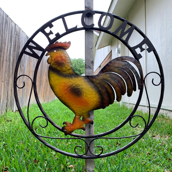 WELCOME 24" ROOSTER & METAL SCROLL STYLE WESTERN HOME DECOR HANDMADE NEW-#EH10143