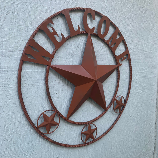 18", 24",32",40",46" WELCOME ORANGE BARN STAR WITH TWISTED ROPE RING DESIGN METAL WALL ART WESTERN HOME DECOR VINTAGE RUSTIC BRONZE COPPER NEW