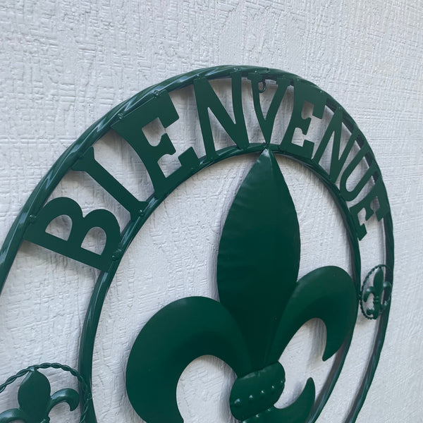 24", 32" GLOSSY HUNTER GREEN FLEUR DE LIS BIENVENUE METAL WALL ART WESTERN HOME DECOR
