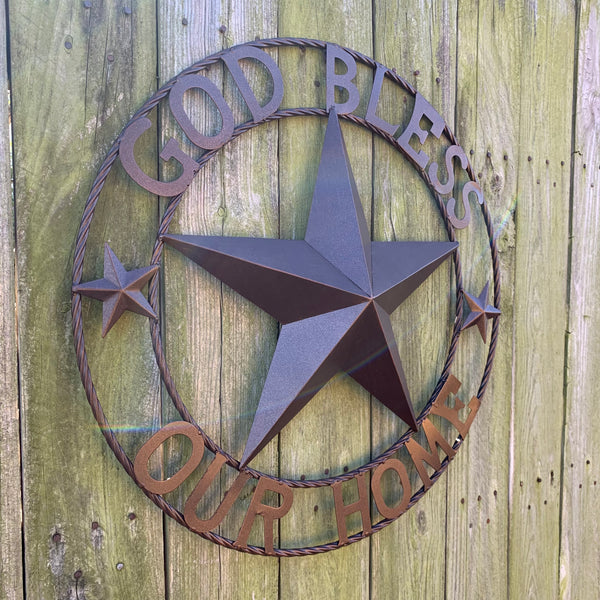 #EH11021 GOD BLESS OUR HOME BARN METAL STAR TWISTED ROPE RING WESTERN HOME DECOR HANDMADE NEW