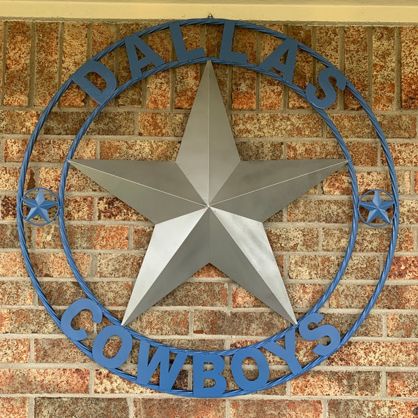 DALLAS COWBOYS SILVER & LIGHT BLUE BARN STAR CUSTOM VINTAGE METAL LONE STAR ART WESTERN HOME DECOR SIZE:24",32",36",40",42",44",46",50"