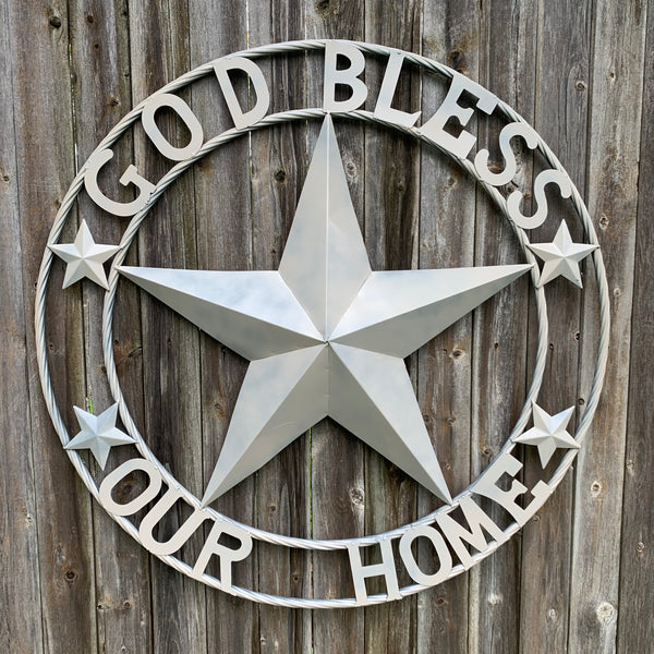 36" GOD BLESS OUR HOME RUSTIC BEIGE BARN METAL STAR ROPE RING WALL ART WESTERN HOME DECOR--FREE SHIPPING