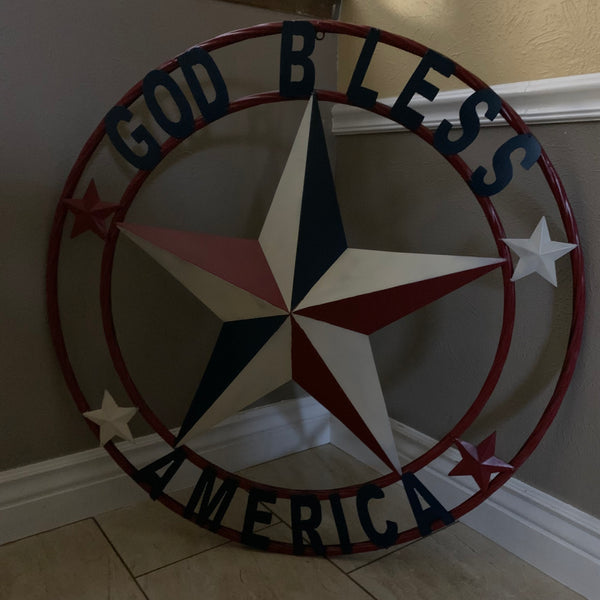 #EH10489 GOD BLESS AMERICA USA FLAG BARN STAR METAL RED WHITE BLUE WESTER HOME DECOR HANDMADE NEW