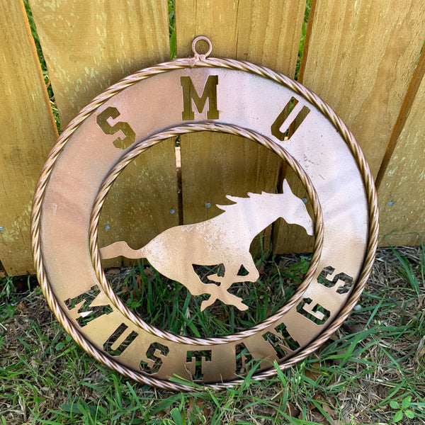 SMU MUSTANGS HAMMERED COPPER METAL CUSTOM VINTAGE CRAFT WALL ART TEAM SIGN HANDMADE