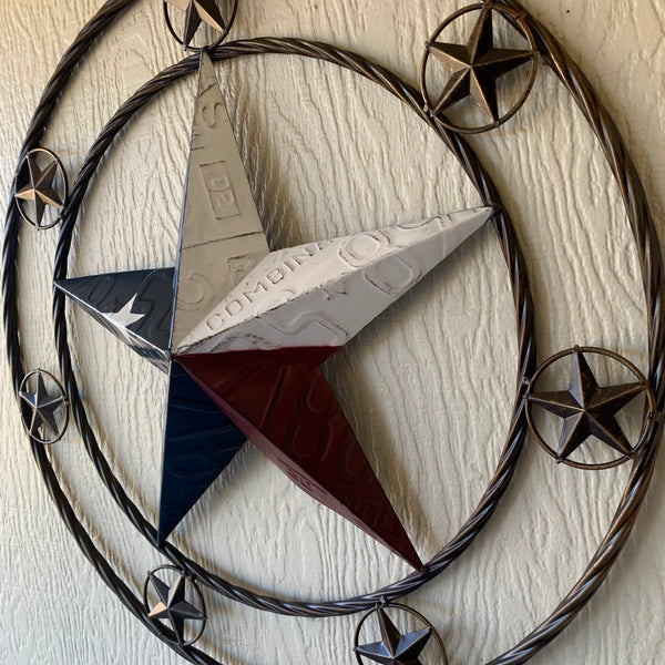 24" LICENSE PLATE MULTI STAR RED WHITE BLUE METAL BARN STAR WESTERN HOME DECOR NEW