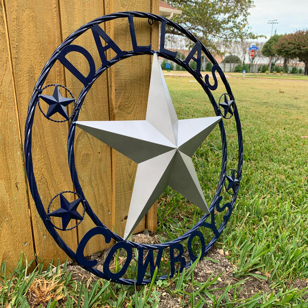 DALLAS COWBOYS SILVER & NAVY BLUE BARN STAR CUSTOM METAL VINTAGE LONE STAR WESTERN HOME DECOR HANDMADE 24",32",36",40",42",44",46",48",50"