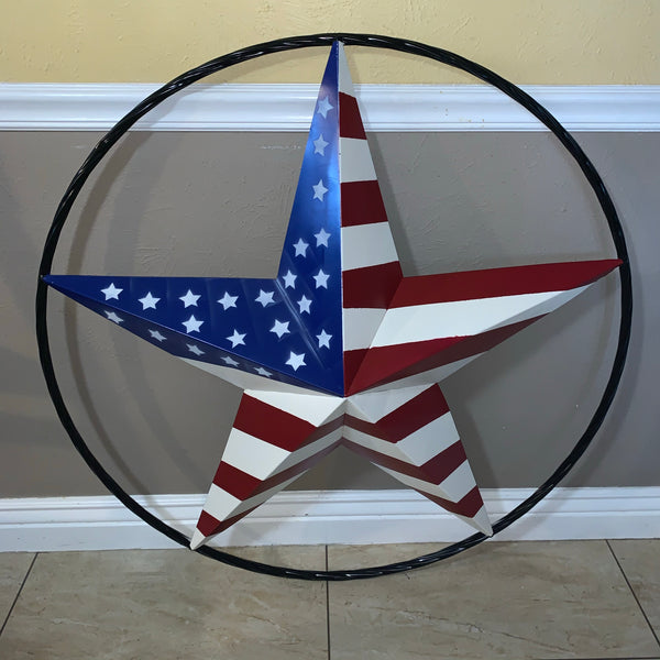 AMERICAN Flag USA Metal Barn Star RED WHITE & BLUE with Black Rope Ring Western Home Decor Handmade 12",16",24",30",34",36",40",48"