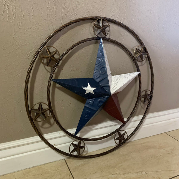 24" LICENSE PLATE MULTI STAR RED WHITE BLUE METAL BARN STAR WESTERN HOME DECOR NEW