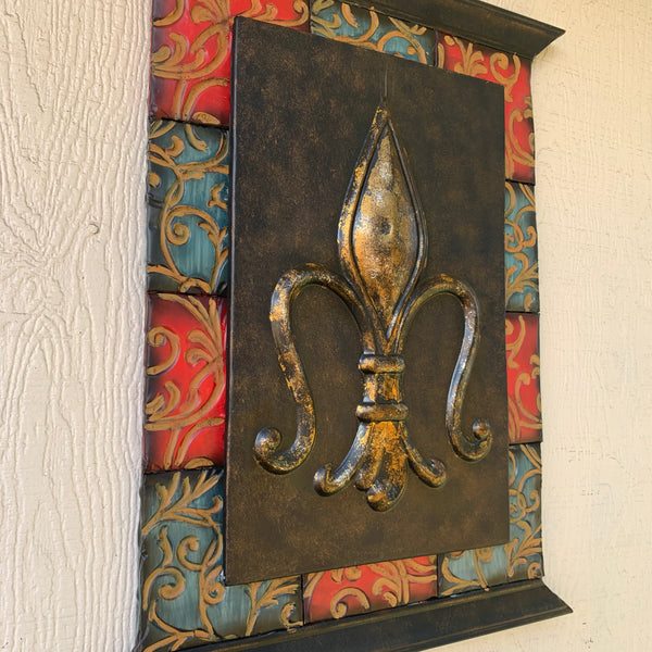 RA7868 FLEUR DE LIS SQUARE WALL DECOR WESTERN HOME DECOR 24" X 16" HANDMADE NEW