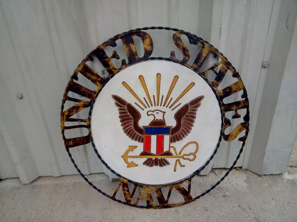 21" NAVY UNITED STATES MILITARY METAL RING, LETTERS WITH WOOD PLAQUE ART WESTERN HOME DECOR