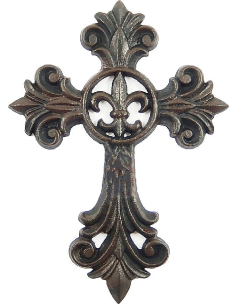 #SI56383 FLEUR DE LIS 10.5" CROSS CAST IRON DECORATIVE WALL CROSS RUSTIC BROWN FINISH VICTORIAN DECOR HANDMADE NEW