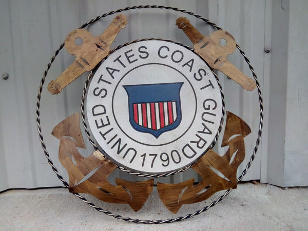 21" UNITED STATES COAST GUARD MILITARY METAL RING WOOD PLAQUE ART WESTERN HOME