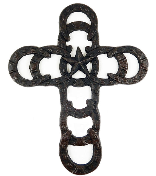 Si56369 HORSESHOES Western Cross Cast Iron Texas Star Rustic Dark Brown Wall Home Decor 10 ½ x 8 ½ inches #56369
