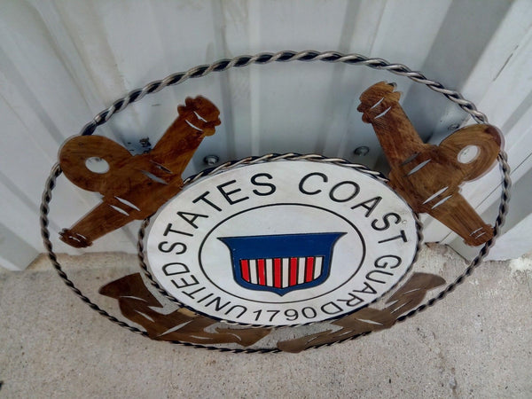21" UNITED STATES COAST GUARD MILITARY METAL RING WOOD PLAQUE ART WESTERN HOME