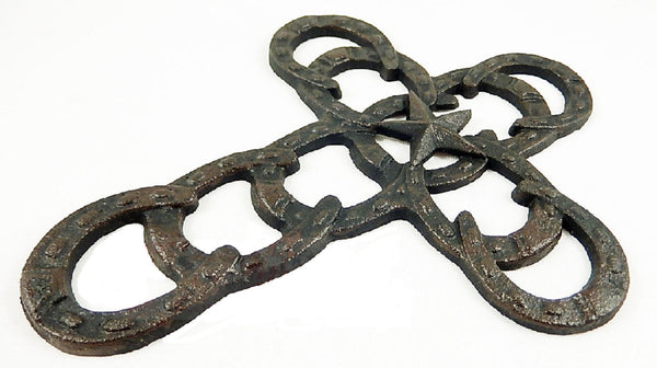 Si56369 HORSESHOES Western Cross Cast Iron Texas Star Rustic Dark Brown Wall Home Decor 10 ½ x 8 ½ inches #56369