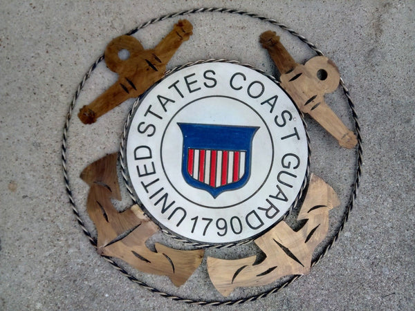 21" UNITED STATES COAST GUARD MILITARY METAL RING WOOD PLAQUE ART WESTERN HOME