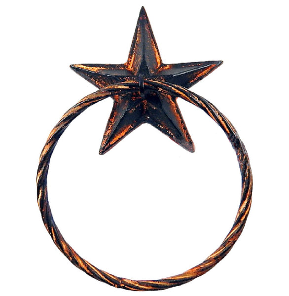 Rustic Western Star Hand Towel Ring Cast Iron Rust Black Finish Wall Mounted #55068