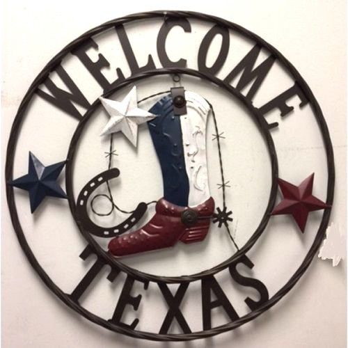 24" WELCOME TEXAS COWBOY COWGIRL BOOT METAL WALL DECOR WESTERN HOME DECOR RUSTIC RED WHITE BROWN NEW