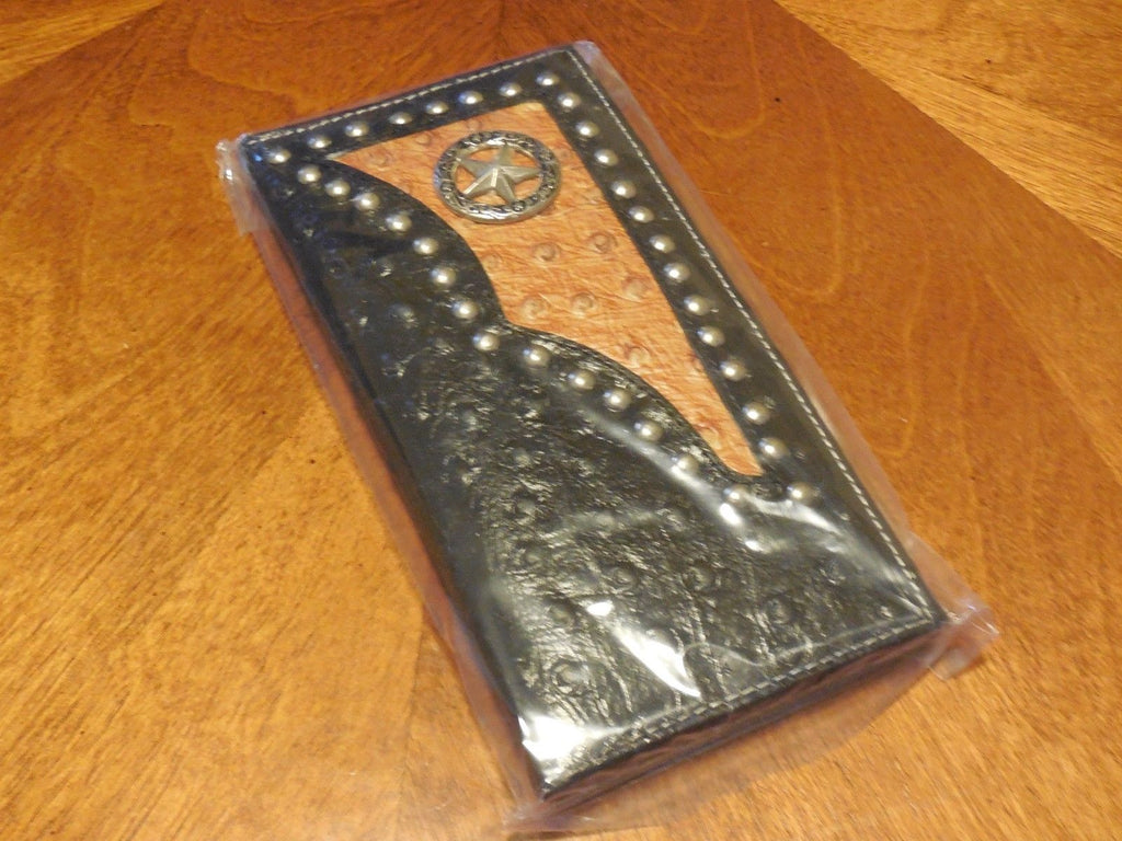 ITEM#AJ_LONESTAR GENUINE LEATHER LONESTAR STUDDED CARVED BLACK COWBOY RODEO WESTERN CHECKBOOK WALLET NEW--FREE SHIPPING