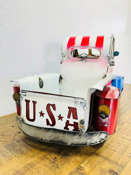 30-761 USA FLAG 24" PICKUP TRUCK METAL ART FIGURINE OUTDOOR & INDOOR GARDEN WESTERN HOME DECOR HANDMADE NEW: 24"L x 12"W x 12" H